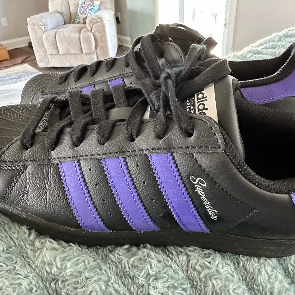 Adidas Superstar Black and Purple Leather Shoes Size 8.5